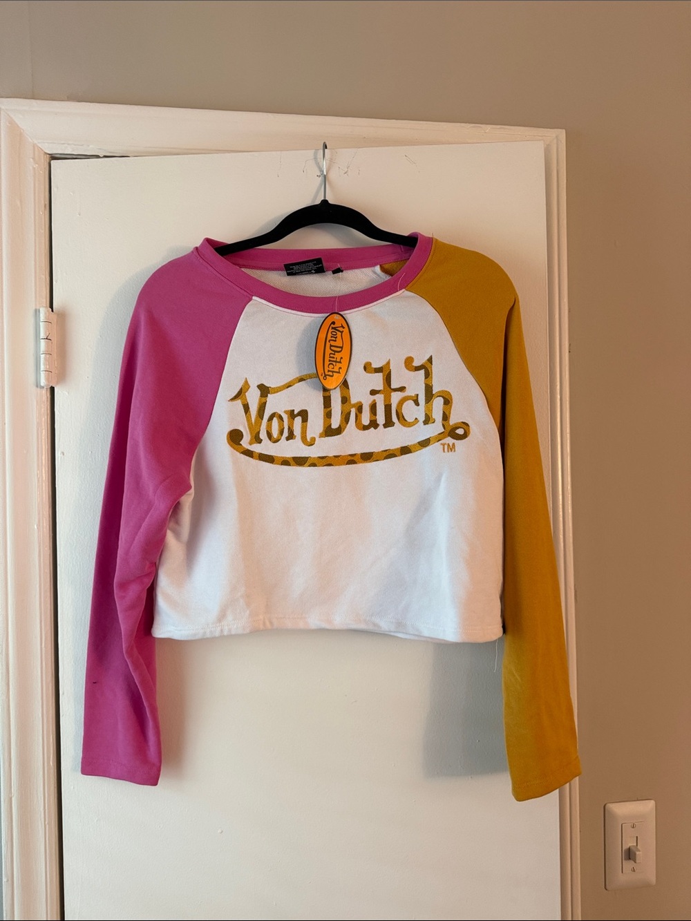 Von Dutch Colorblock Cropped Top in White, Pink & Gold